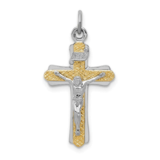 Rhodium-Plated and Yellow Sterling Silver Inri Crucifix Cross Pendant Q8298