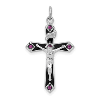 Sterling Silver Rhodium-plated Black Epoxy Purple CZ INRI Cross Pendant