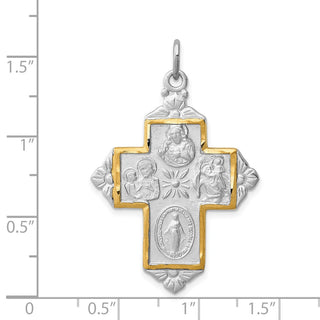 Rhodium-Plated and Yellow 925 Sterling Silver 4-Way Medal Cross Pendant