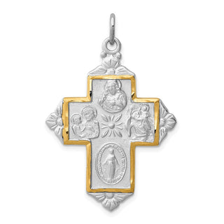 Rhodium-Plated and Yellow 925 Sterling Silver 4-Way Medal Cross Pendant