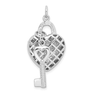 Sterling Silver Rhodium-Plated CZ Heart Lock and Key Charm QC8515
