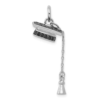 Sterling Silver Rhodium-Plated Graduation Cap w/Black CZ Charm