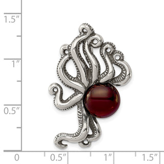 Sterling Silver Antiqued & Textured Octopus w/ Red Stone Chain Slide Pendant