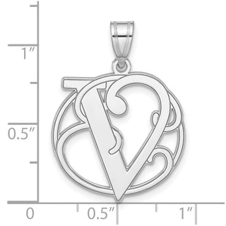 Sterling Silver Rhodium-plated Fancy Script Initial V Pendant