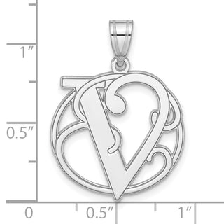 Sterling Silver Rhodium-plated Fancy Script Initial V Pendant