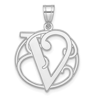 Sterling Silver Rhodium-plated Fancy Script Initial V Pendant