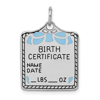 Sterling Silver Rhodium-plated Blue Birth Certificate Polished & Satin Charm