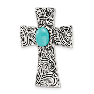 925 Sterling Silver Antiqued Simulated Turquoise Cabochon Slide Pendant