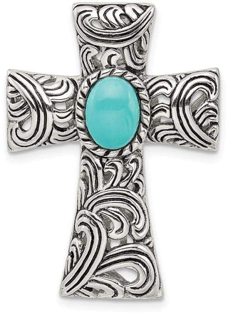 925 Sterling Silver Antiqued Simulated Turquoise Cabochon Slide Pendant