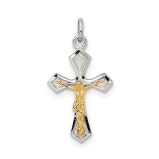 925 Sterling Silver w Gold-Plated Polished Satin & Diamond-Cut Crucifix Pendant