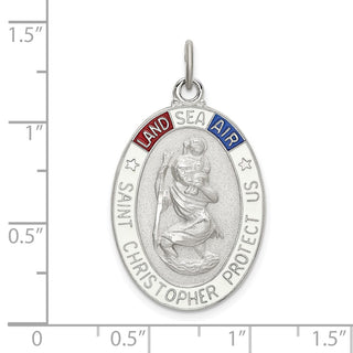 Sterling Silver Satin/Polished/Diamond-cut Enamel St Christopher Medal Pendant