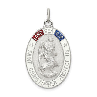 Sterling Silver Satin/Polished/Diamond-cut Enamel St Christopher Medal Pendant
