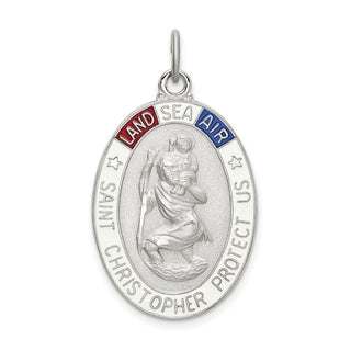 Sterling Silver Satin/Polished/Diamond-cut Enamel St Christopher Medal Pendant