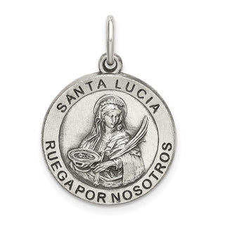 925 Sterling Silver Satin Antiqued Spanish St. Lucy Medal Pendant