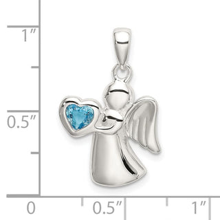 925 Sterling Silver Angel with Blue Cubic Zirconia Heart Pendant