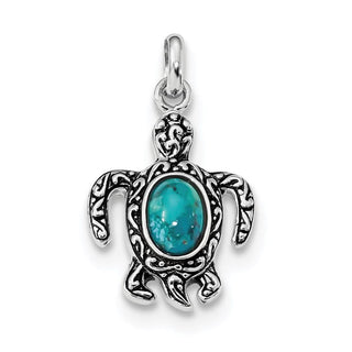 Sterling Silver Rhodium/Oxidized Simulated Turquoise Turtle Charm