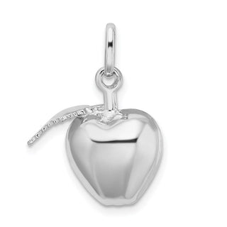 Rhodium-Plated Sterling Silver Polished Puffed Apple w/Leaf Charm