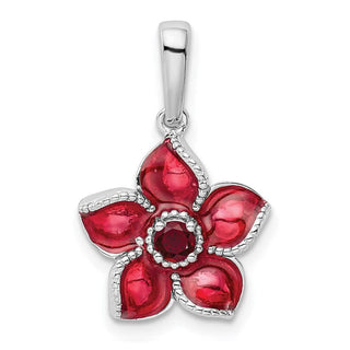 Sterling Silver Synthetic Ruby & Enamel Flower Pendant QC9315