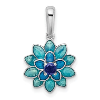 Sterling Silver Synthetic Sapphire And Enamel Flower Pendant