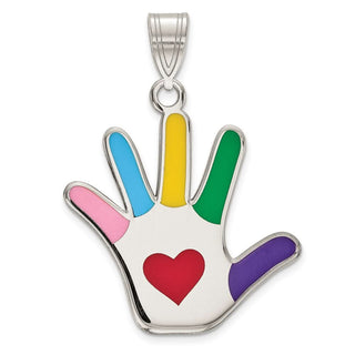 Rhodium-Plated Sterling Silver Enamel Autism w/Heart Handprint Pendant