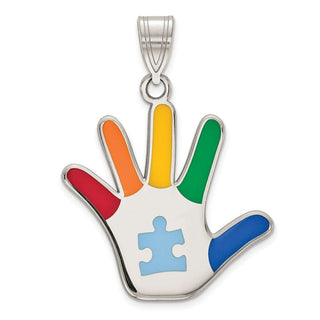 Rhodium-Plated Sterling Silver Enamel Autism w/Puzzle Piece Handprint Pendant