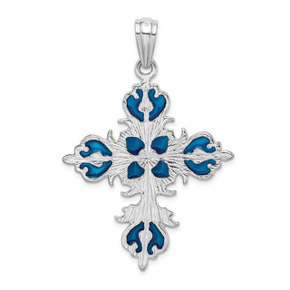 Sterling Silver Polished Enameled Fleur de Lis Cross Pendant