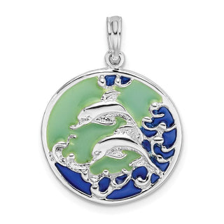 Sterling Silver Polished Enameled Dolphins Pendant