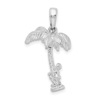 Sterling Silver Polished 3D Palm Tree w/Moving Climber Pendant