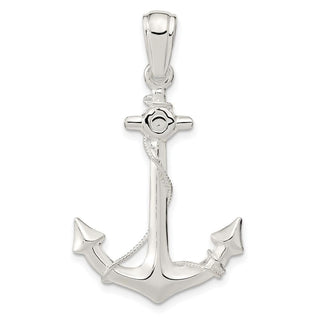 Sterling Silver Polished 3D Medium Anchor w/Rope Pendant