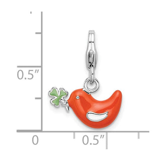 Sterling Silver Rhodium-Plated Enamel Bird and Clover w/ Lobster Clasp Charm