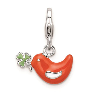Sterling Silver Rhodium-Plated Enamel Bird and Clover w/ Lobster Clasp Charm
