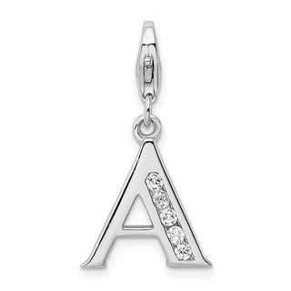 Rhodium-Plated Sterling Silver CZ Letter A w/Lobster Clasp Charm QCC104A