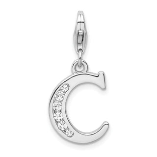 Rhodium-Plated Sterling Silver CZ Letter C w/Lobster Clasp Charm QCC104C