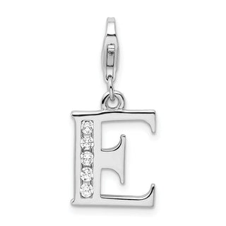 Rhodium-Plated Sterling Silver CZ Letter E w/Lobster Clasp Charm QCC104E