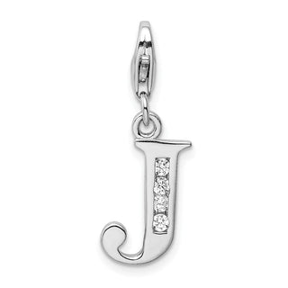 Rhodium-Plated Sterling Silver CZ Letter J w/Lobster Clasp Charm QCC104J