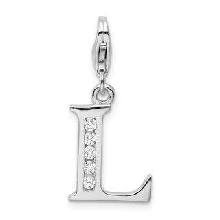 Rhodium-Plated Sterling Silver CZ Letter L w/Lobster Clasp Charm QCC104L