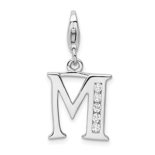 Rhodium-Plated Sterling Silver CZ Letter M w/Lobster Clasp Charm QCC104M