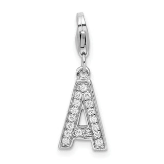 Rhodium-Plated Sterling Silver CZ Letter A w/Lobster Clasp Charm QCC105A