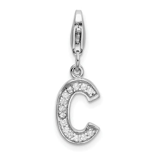 Rhodium-Plated Sterling Silver CZ Letter C w/Lobster Clasp Charm QCC105C