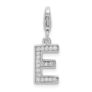 Rhodium-Plated Sterling Silver CZ Letter E w/Lobster Clasp Charm QCC105E