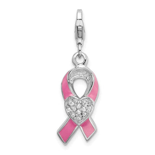 Rhodium-Plated Sterling Silver Enameled with CZ Awareness Ribbon and Heart Charm