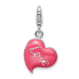 Sterling Silver 3-D Pink Enameled Heart w/Lobster Clasp Charm