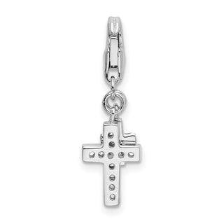 Rhodium-Plated Sterling Silver Polished w/CZ Two Cross Lobster Clasp Charm