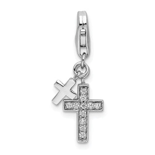 Rhodium-Plated Sterling Silver Polished w/CZ Two Cross Lobster Clasp Charm
