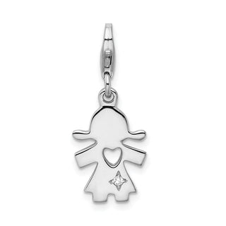 Sterling Silver Rhodium-Plated Polished w/CZ Little Girl Lobster Clasp Charm