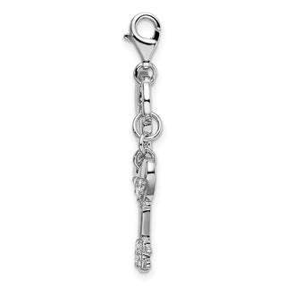 Rhodium-Plated Sterling Silver CZ Heart and Key w/Lobster Clasp Charm QCC124