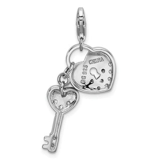 Rhodium-Plated Sterling Silver CZ Heart and Key w/Lobster Clasp Charm QCC124