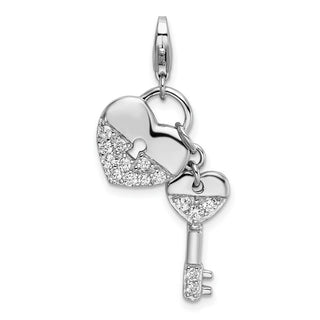 Rhodium-Plated Sterling Silver CZ Heart and Key w/Lobster Clasp Charm QCC124