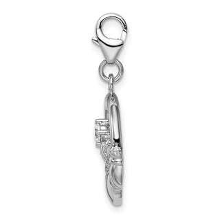 Rhodium-Plated Sterling Silver CZ Claddagh w/Lobster Clasp Charm