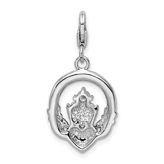 Rhodium-Plated Sterling Silver CZ Claddagh w/Lobster Clasp Charm